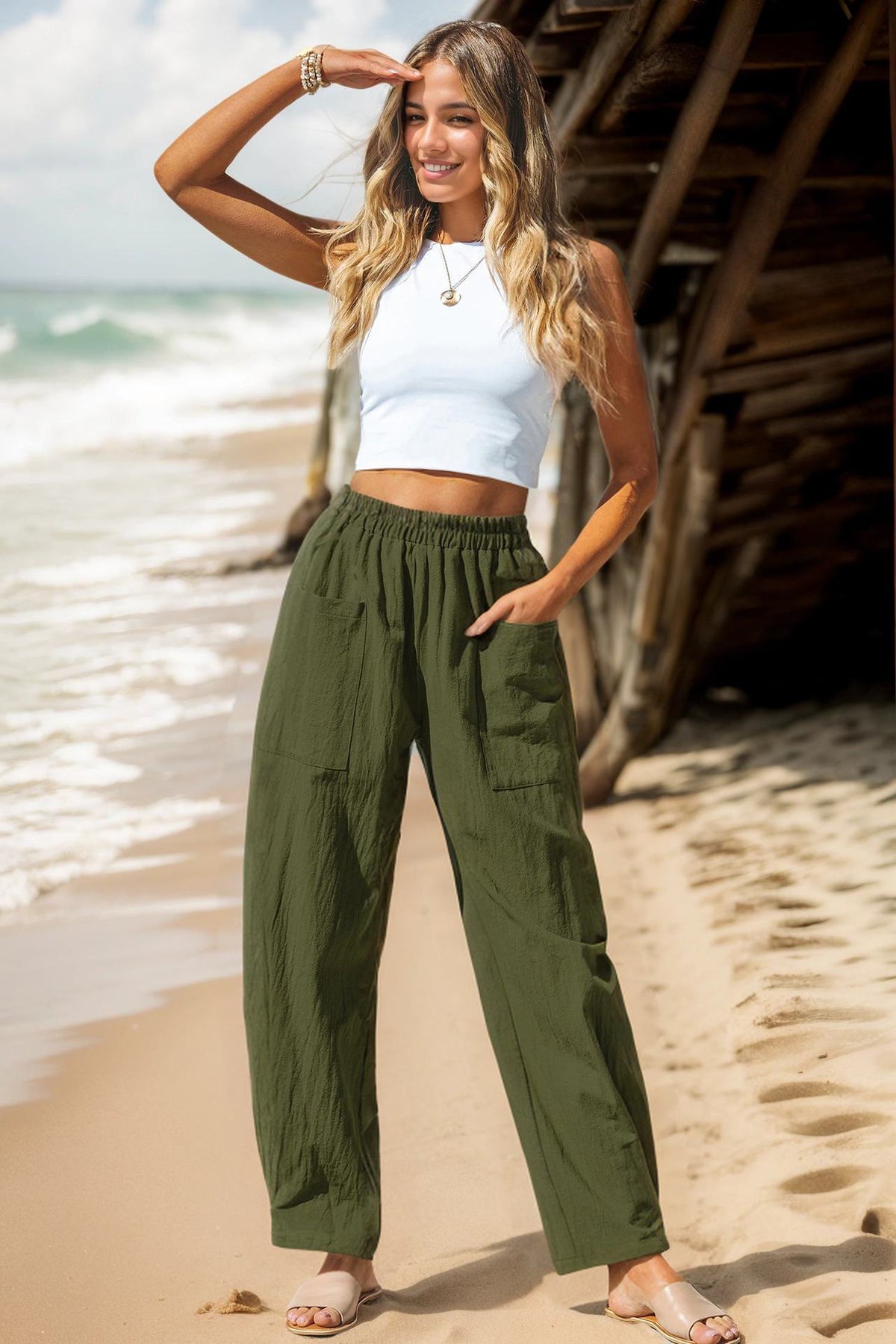 Cotton Linen Solid Color Elastic Wasit Pocket Harem Pants