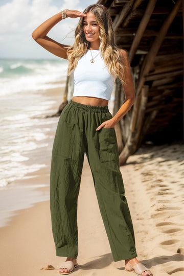 Cotton Linen Solid Color Elastic Wasit Pocket Harem Pants