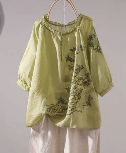 Retro Linen Cotton Embroidered Ruffled Collar Cotton Pullover Shirt Blouses