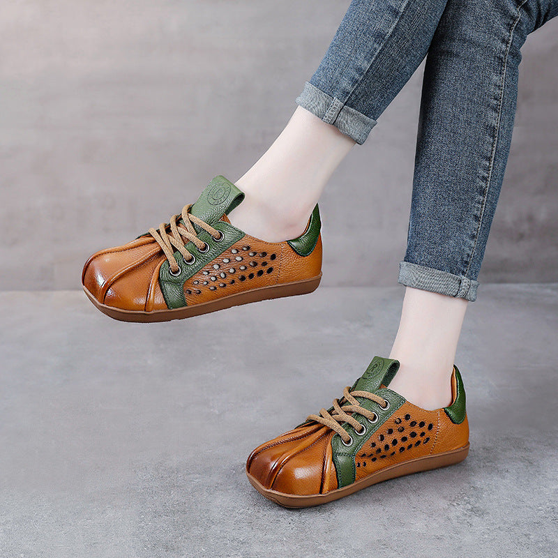Spring Leather Patchwork Stylish Hallow Soft Sole Flat Shoes