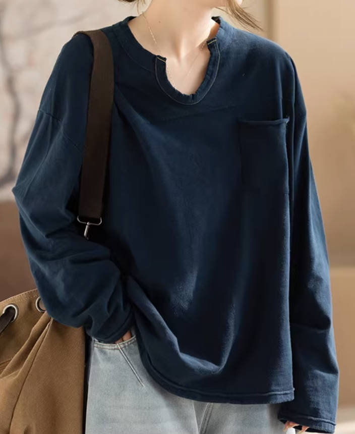 Retro Bamboo Cotton V-Neck Pocket Curling-Up Casual Tops