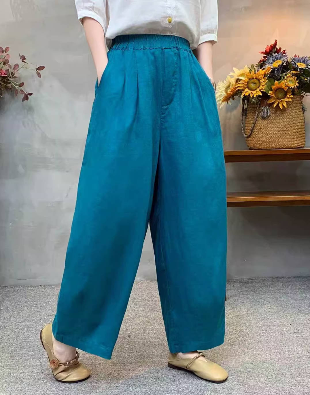 Comfortable Retro Linen Elastic Waist Slim Loose Harem Pants