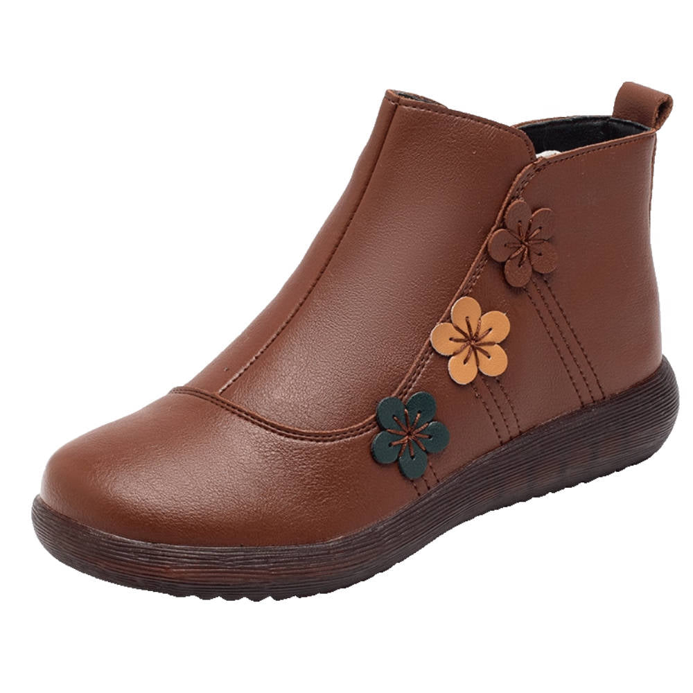 Retro Winter Leather Floral Warm Soft Sole Plush Ankle Boots