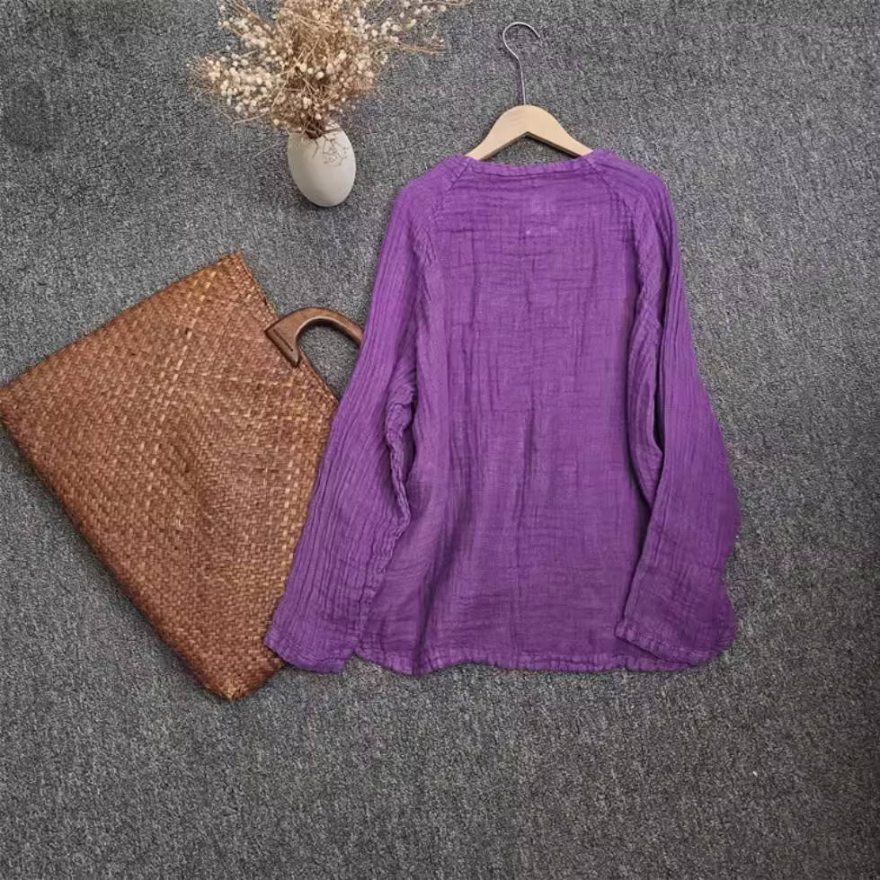 Retro Linen Spring Round Neck Simple Casual Embroidered Tops