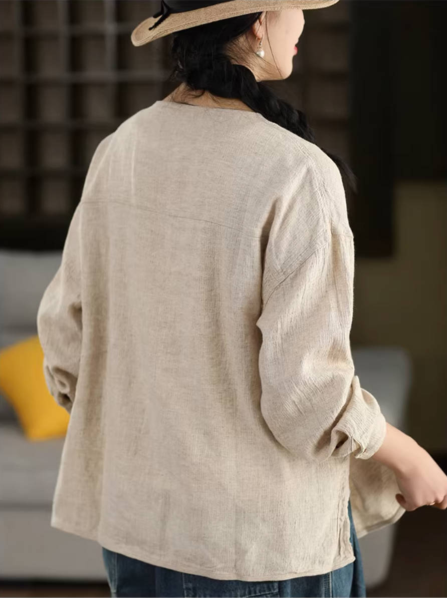 High Quality Ramie Spring Round Neck Single-Breasted Casual Shirt