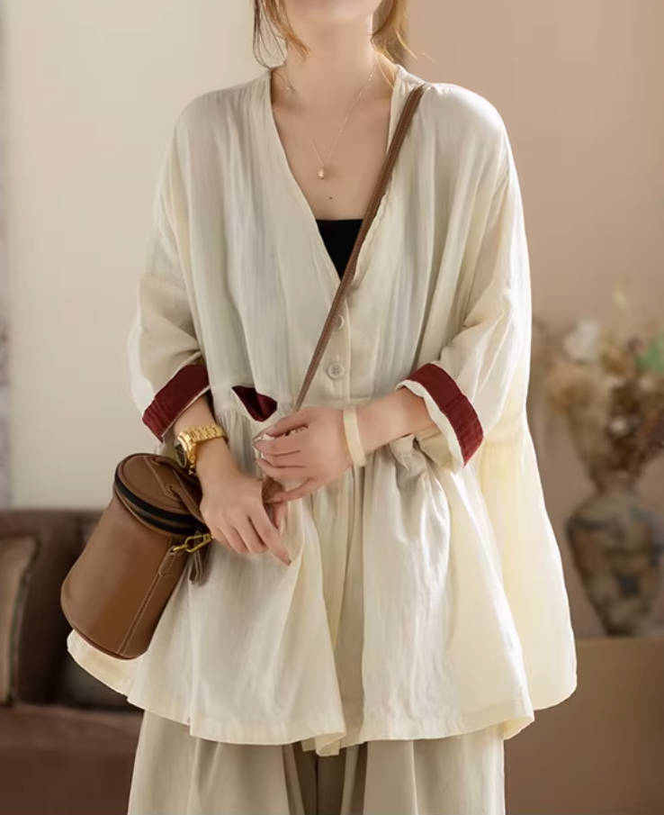Retro Spring Cotton V-Neck Patchwork Versatile Long Loose Tops