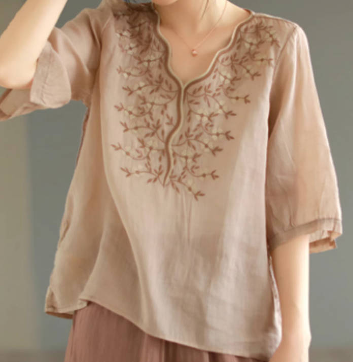 Vintage Women V-Neck Cotton Cap Sleeve  Embroidered  Top