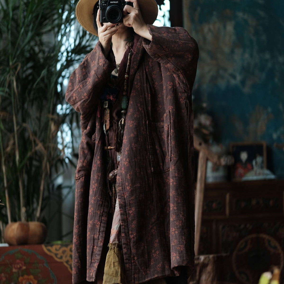 Winter Cotton Retro Washed Printed Hoodies Plus Size Thick Long Coat