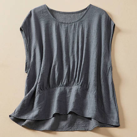 Spring Solid Color Patchwork Ramie Round Neck Casual Vest Top