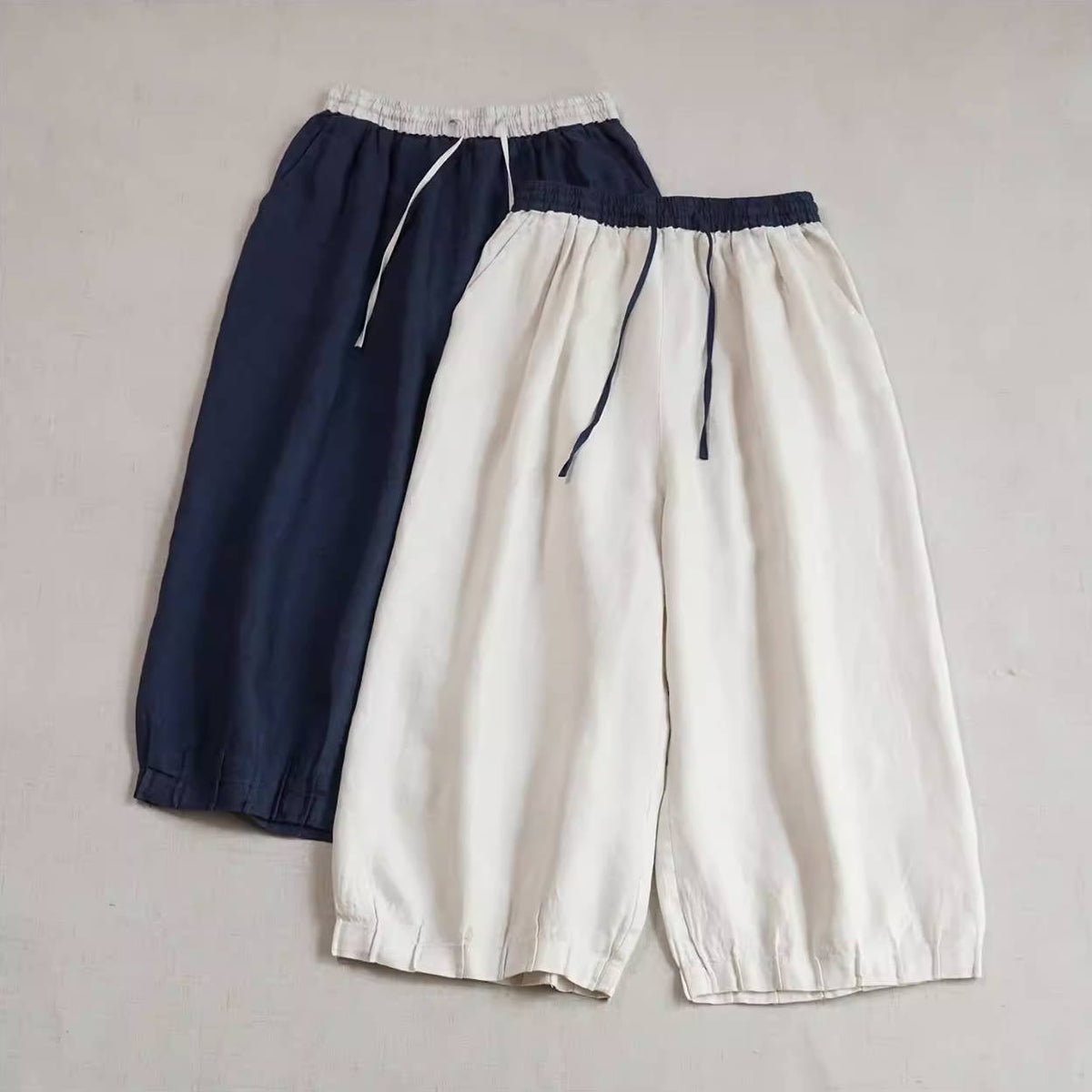 Spring Linen Patchwork Casual Everyday Elastic Waist Wide Legs Pants