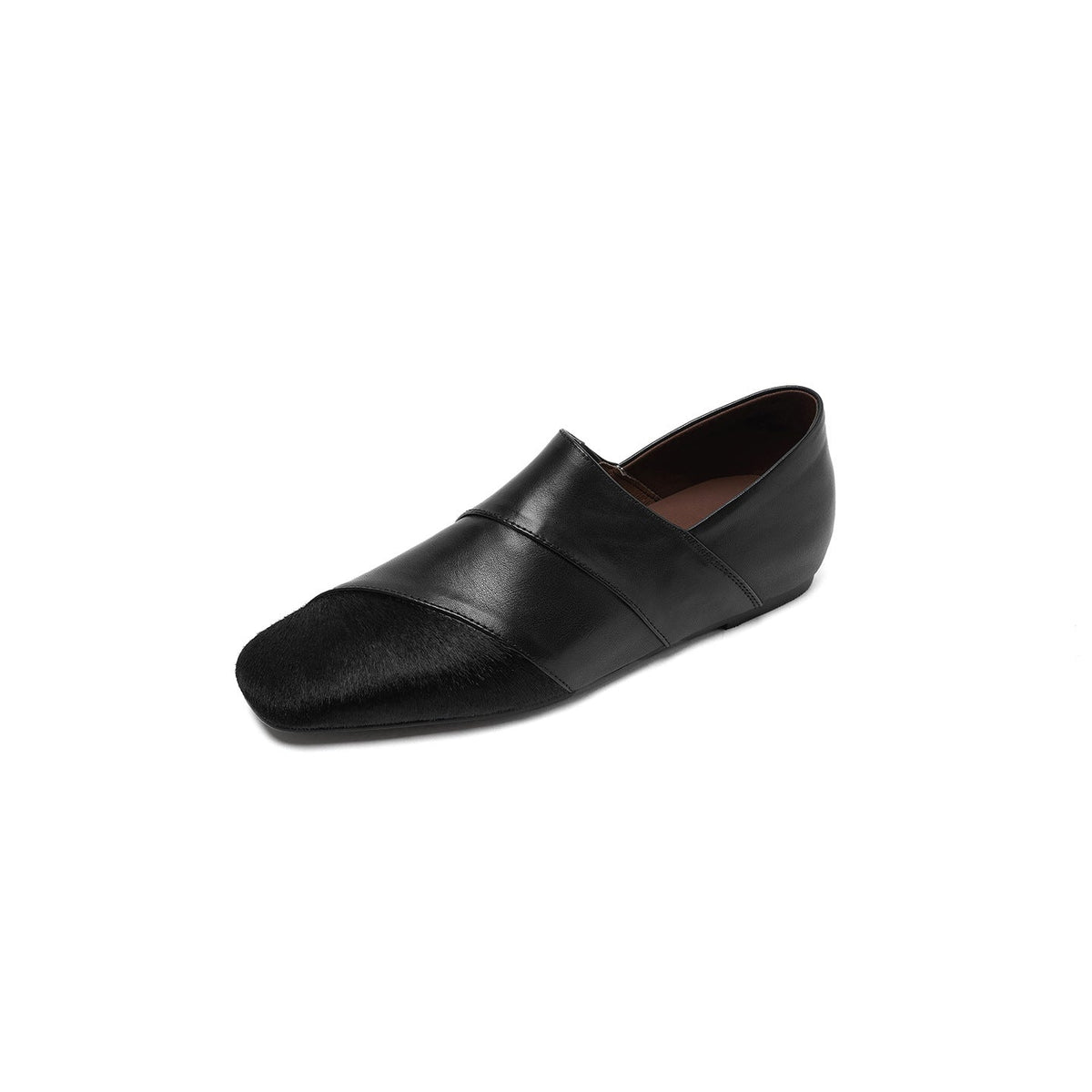 Spring Vintage Leather Horse Hair Patchwork Soft Sole Flats