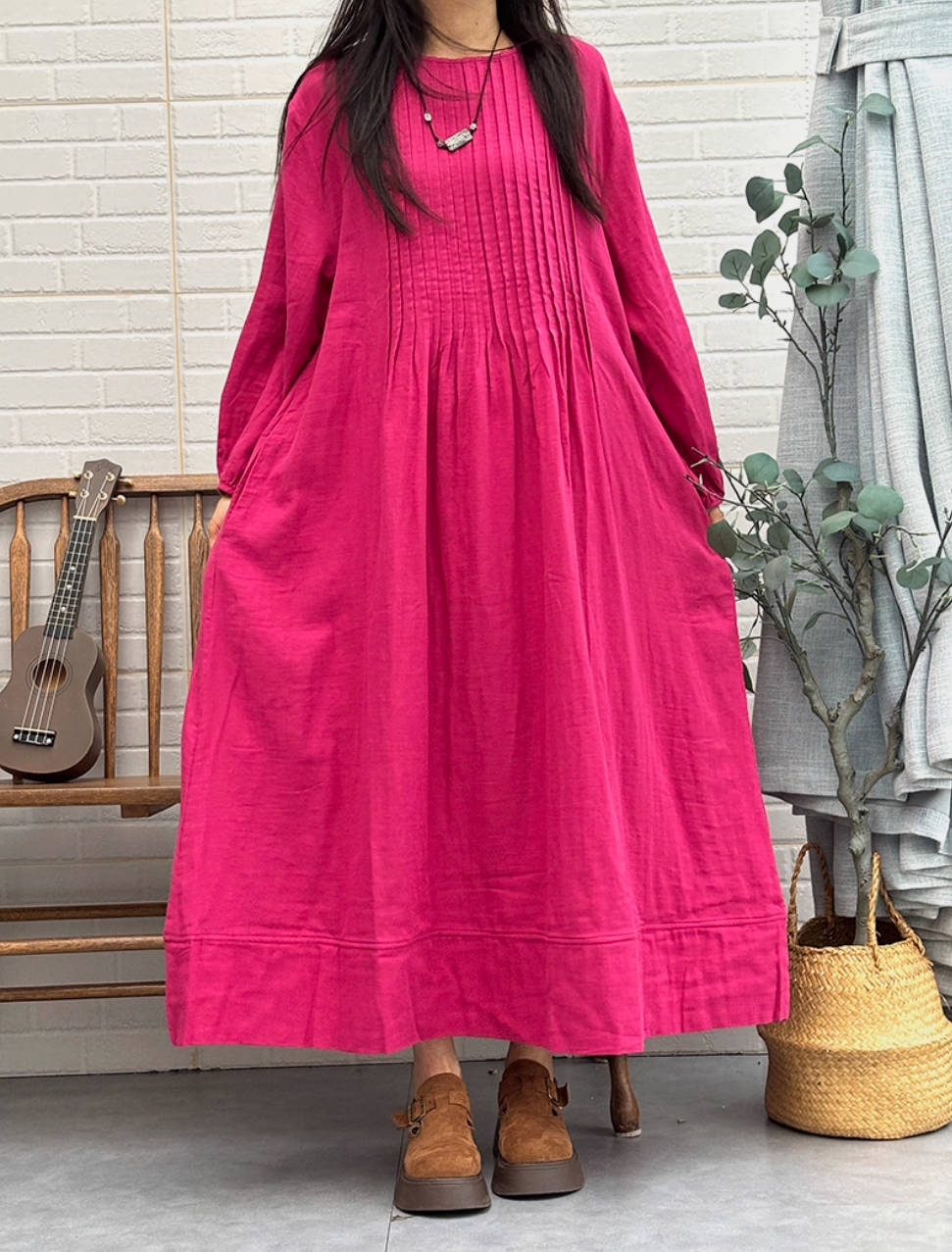 Solid Color Cotton Plus Size Loose Long Sleeves Dress
