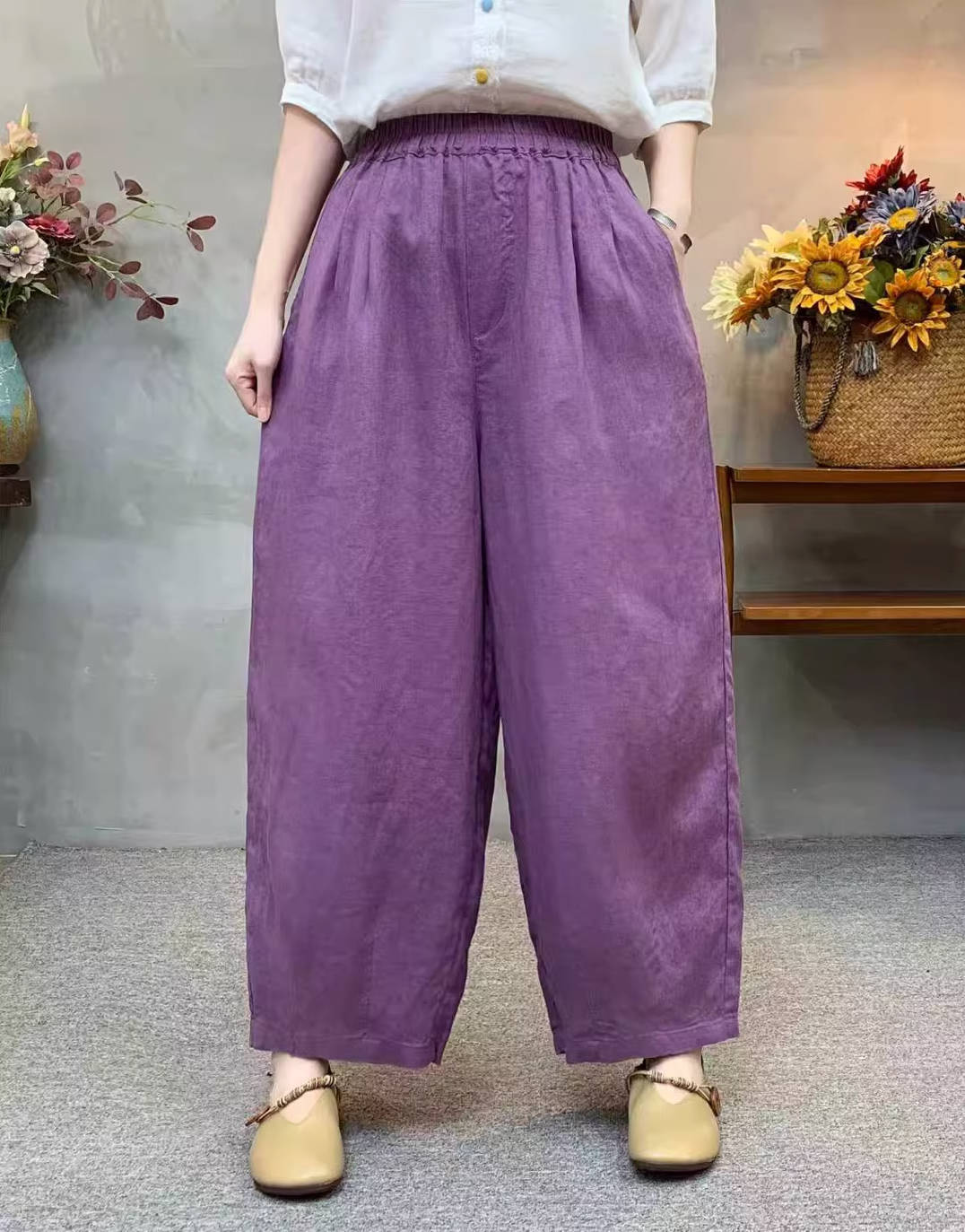 Comfortable Retro Linen Elastic Waist Slim Loose Harem Pants