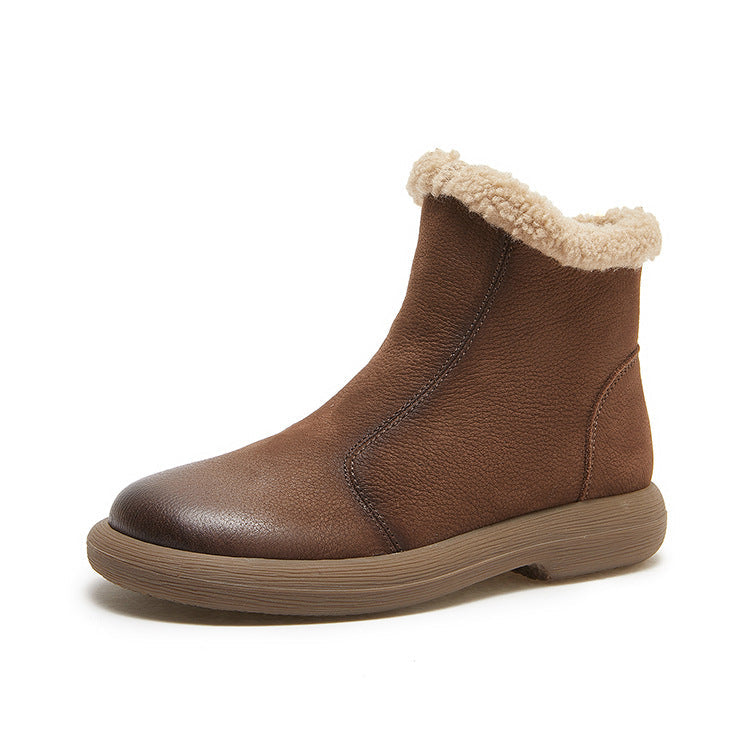 Winter Warm Leather Plush Round Toe Simple Zipper Ankle Boots