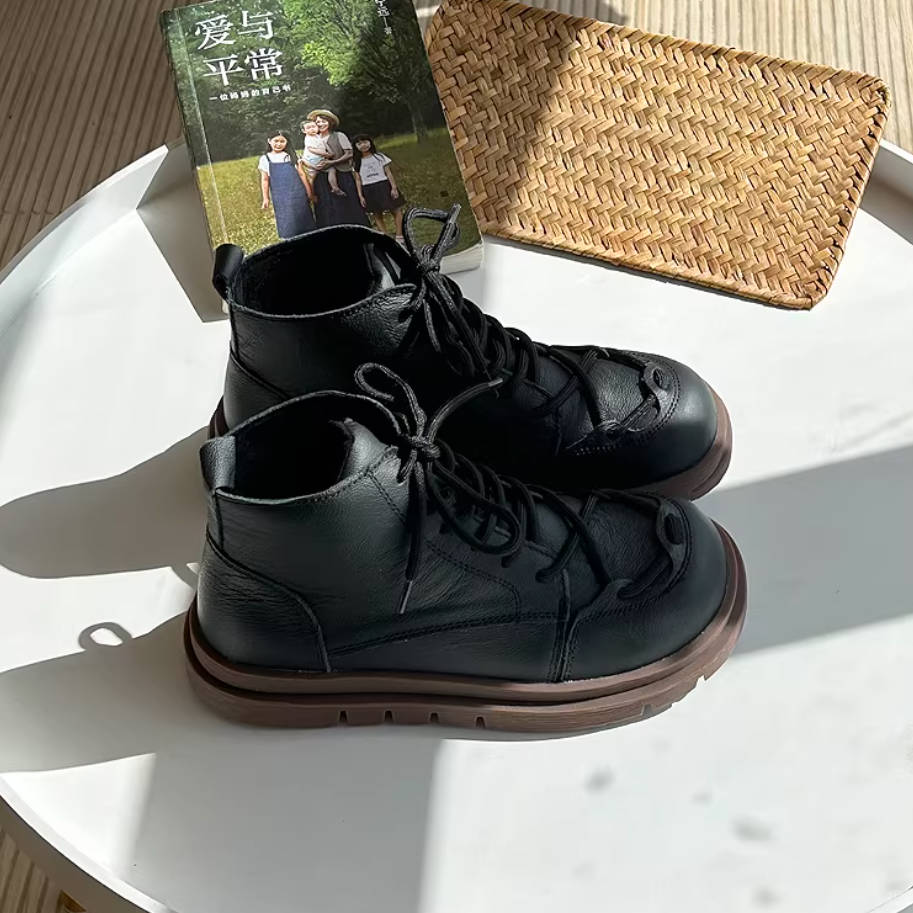 Retro Leather Stylish Round Toe Thick Soft Sole Lace-Up Ankle Boots