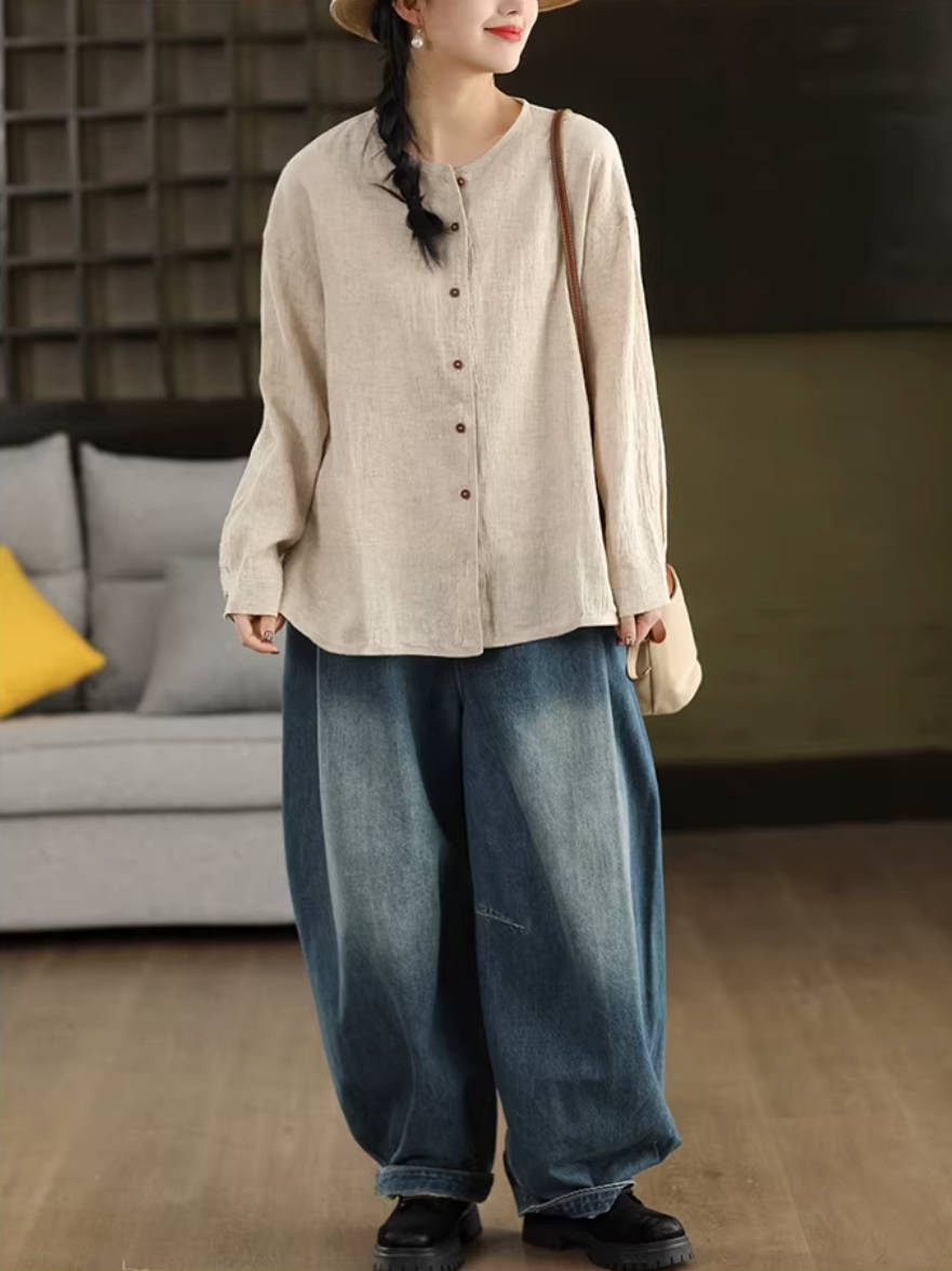 High Quality Ramie Spring Round Neck Single-Breasted Casual Shirt