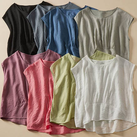 Spring Solid Color Patchwork Ramie Round Neck Casual Vest Top