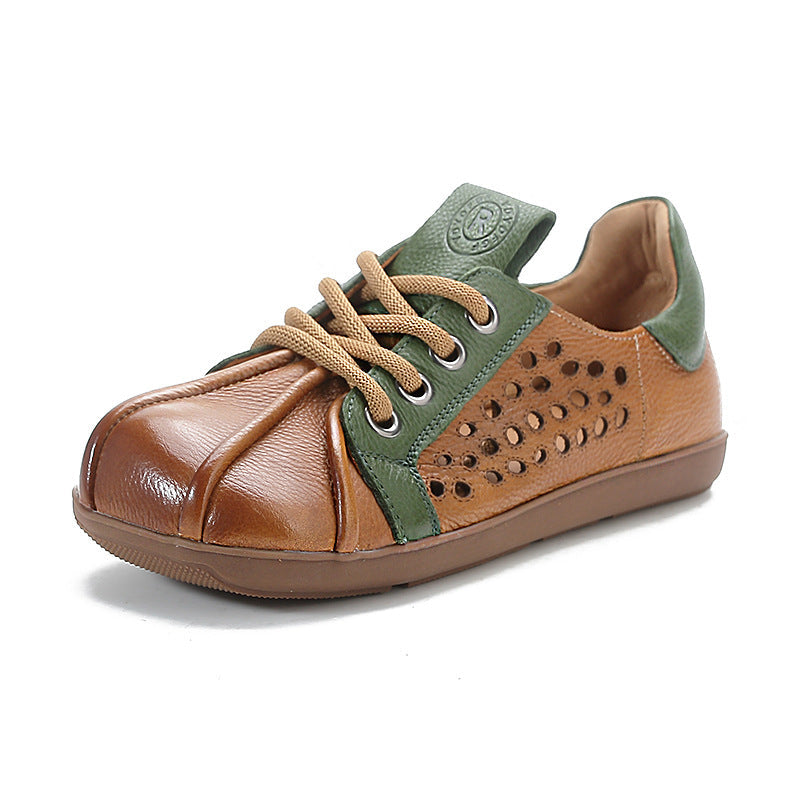 Spring Leather Patchwork Stylish Hallow Soft Sole Flat Shoes