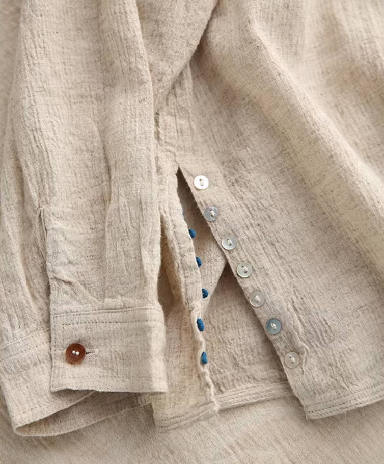 High Quality Ramie Spring Round Neck Single-Breasted Casual Shirt