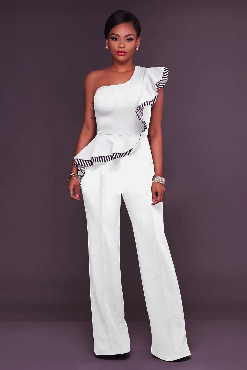 PURE COLOR ONE SHOULDER RUFFLES WIDE-LEGS LONG JUMPSUIT