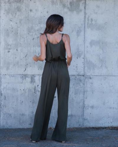 HIGH WAIST LOOSE SPAGHETTI STRAP PURE COLOR LONG WIDE-LEG JUMPSUITS
