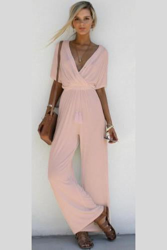 FREE SHIPPING CLEARENCE PURE COLOR V-NECK HALF SLEEVES LOOSE LONG JUMPSUIT