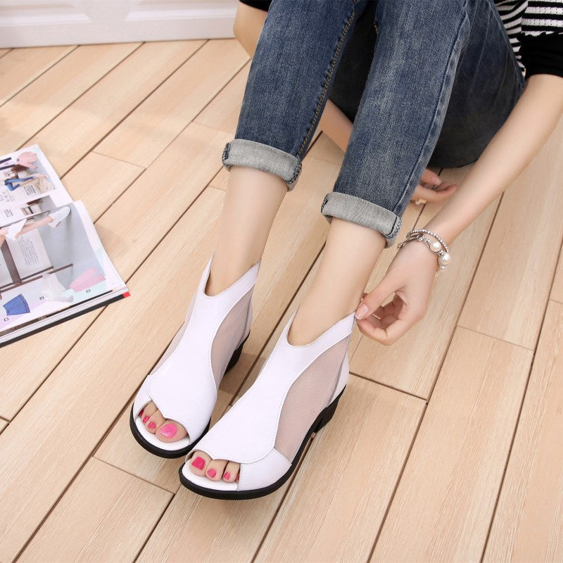 Women's Genuine Leather Mesh Chunky Heel Peep-Toe Booties