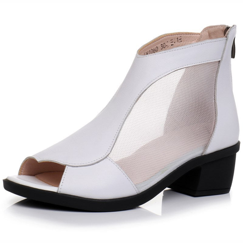 Women's Genuine Leather Mesh Chunky Heel Peep-Toe Booties