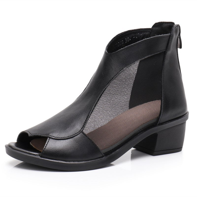 Women's Genuine Leather Mesh Chunky Heel Peep-Toe Booties