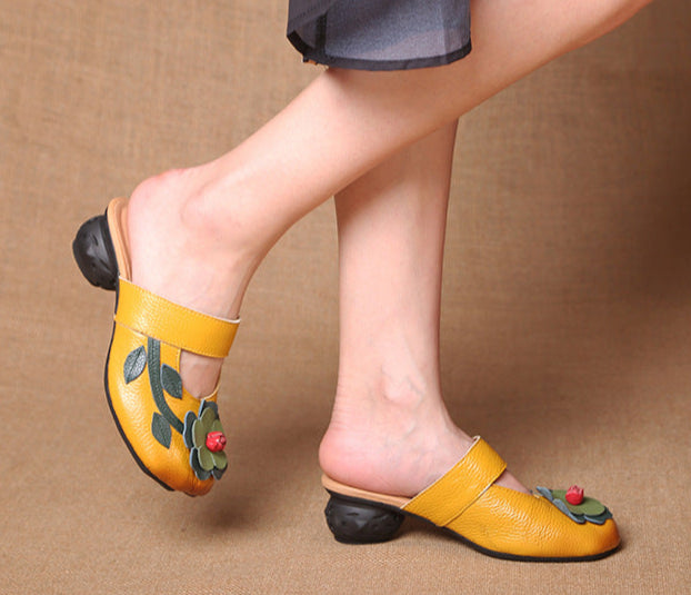 Spring Summer Ethnic Style Retro Flowers Low Heeled Slippers