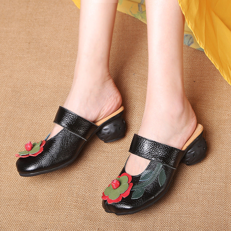 Spring Summer Ethnic Style Retro Flowers Low Heeled Slippers