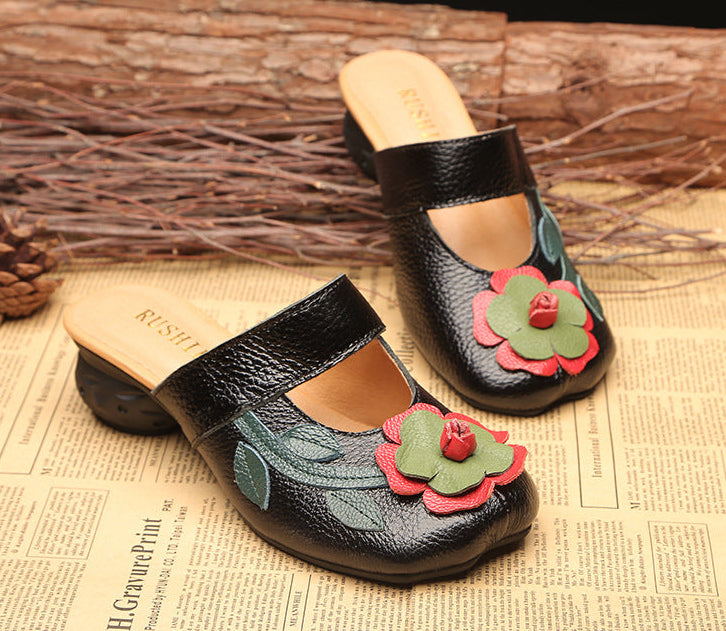 Spring Summer Ethnic Style Retro Flowers Low Heeled Slippers