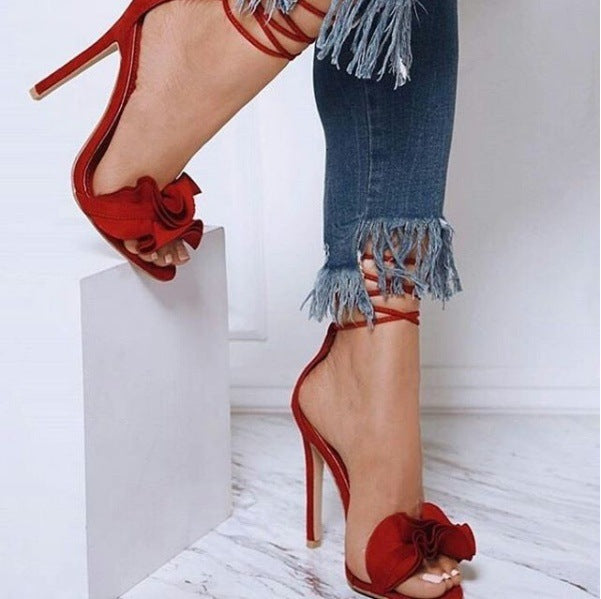 RUFFLES ANKLE WRAP OPEN TOE STILETTO HIGH HEEL WOMEN SANDALS