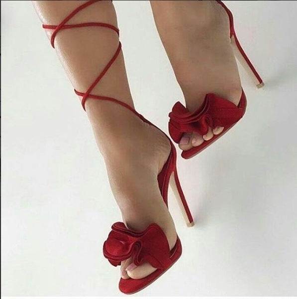 RUFFLES ANKLE WRAP OPEN TOE STILETTO HIGH HEEL WOMEN SANDALS