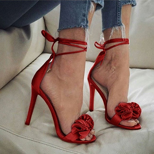 RUFFLES ANKLE WRAP OPEN TOE STILETTO HIGH HEEL WOMEN SANDALS