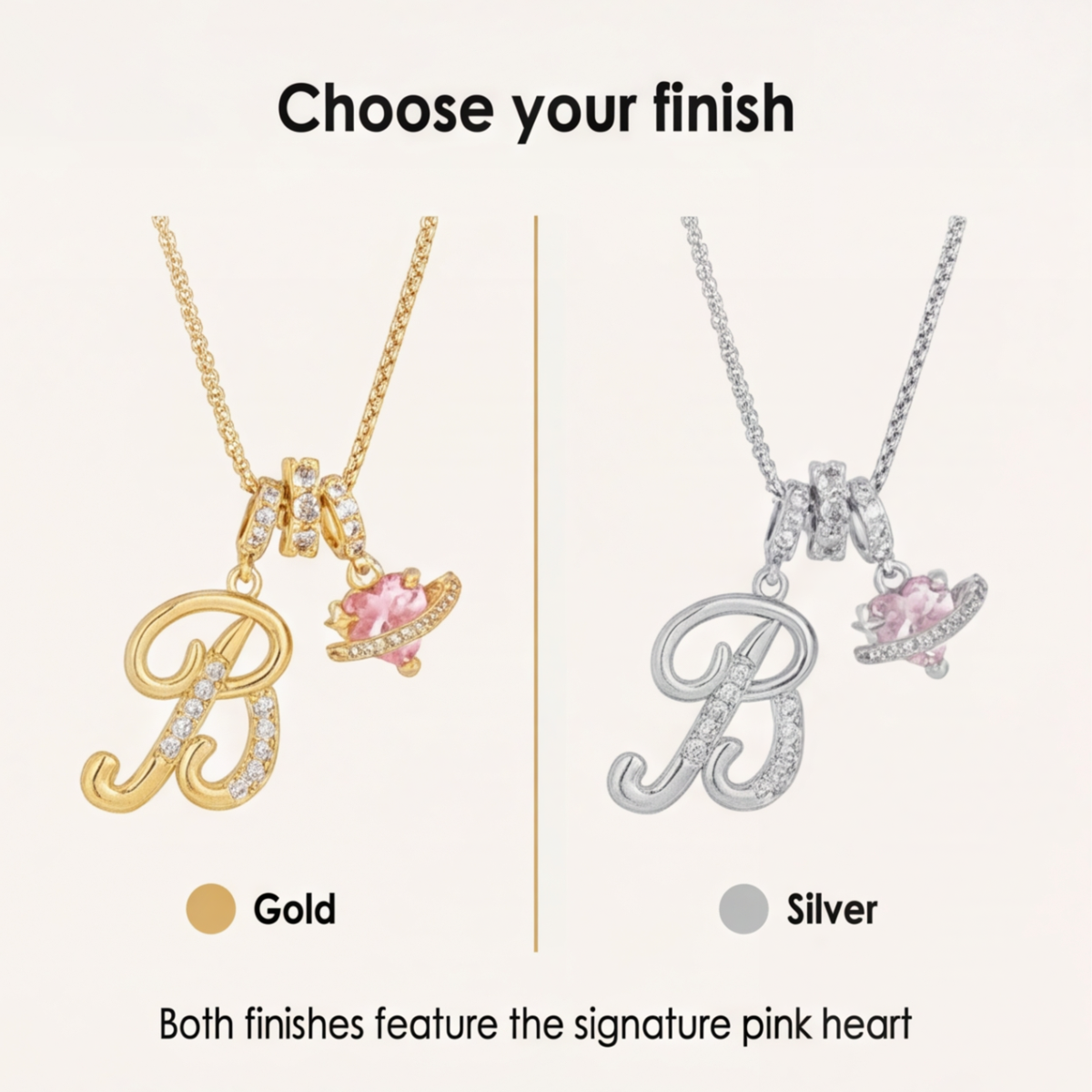 3-Layer Initial Necklace with Pink Heart Zircon