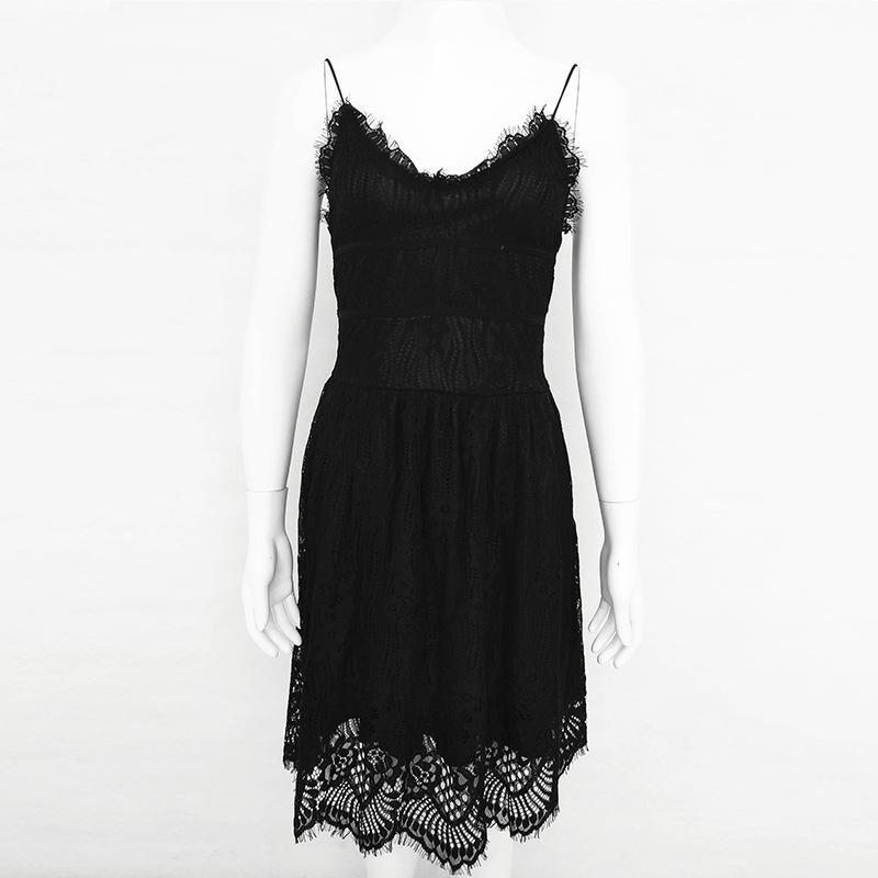 PURE COLOR SPAGHETTI STRAPS SLEEVELESS KNEE-LENGTH LACE DRESS
