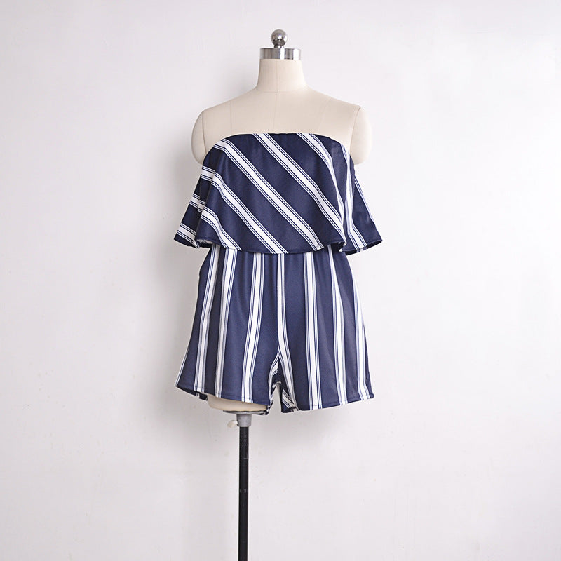 OFF SHOULDER STRAPLESS STRIPED SHORT JUMPSUIT