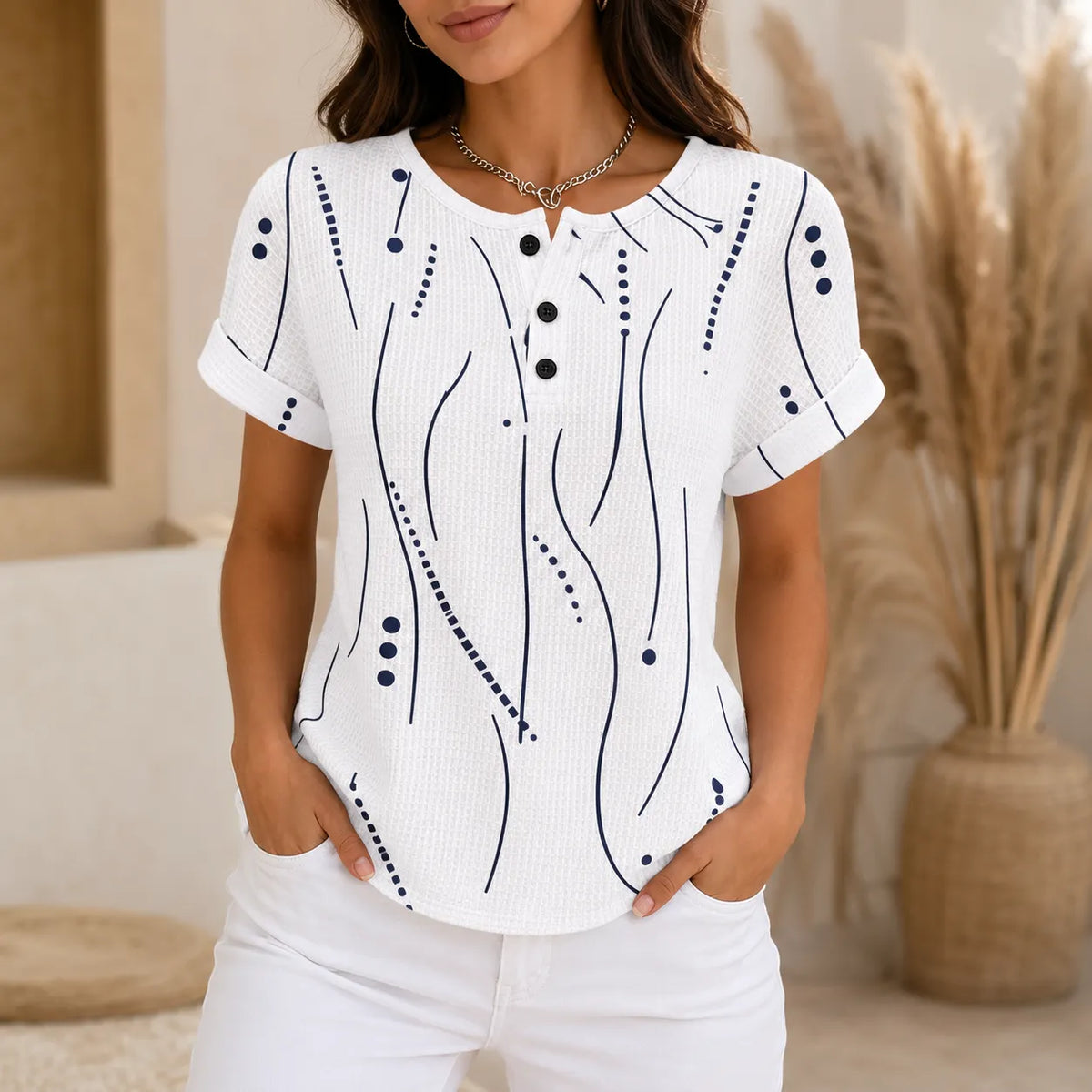 Abstract Print Waffle Top with Button Placket