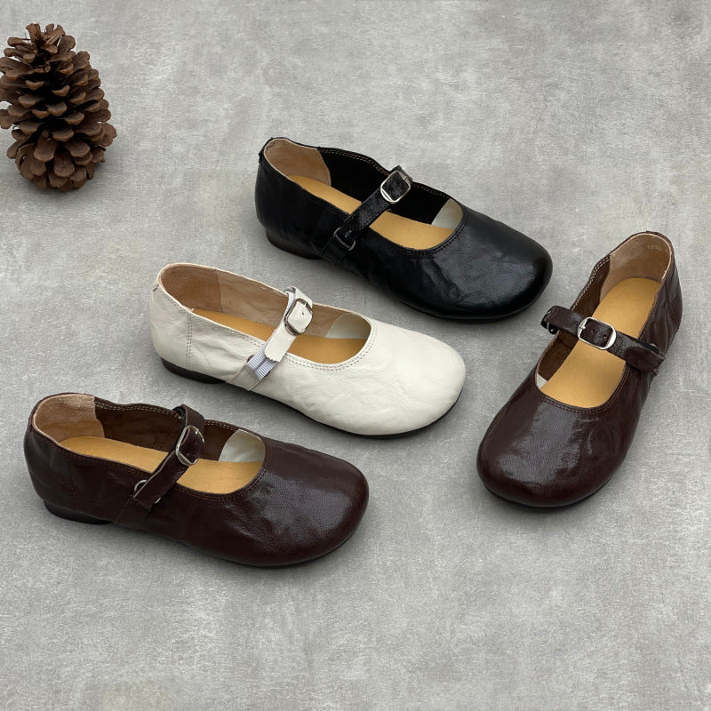 Spring Fashion Sheepskin Leather Round Toe One Straped Soft Sole Flats