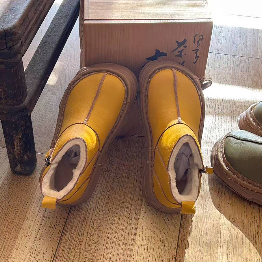 Winter Leather Wide Round Toe Fleece-Lined Platform Warm Ankle Boots