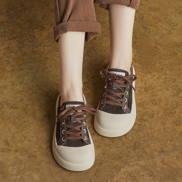 Top Leather Retro Patchwork Round Wide Toe Casual Shoes