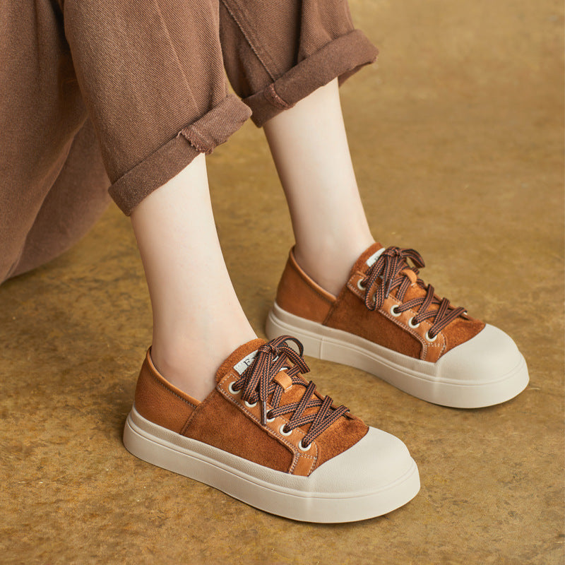 Top Leather Retro Patchwork Round Wide Toe Casual Shoes