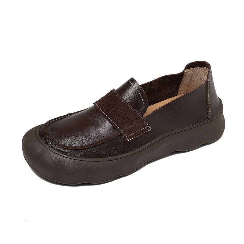Casual Leather Rubber Brown Round Toe Comfy Soft Sole Flat Shoes