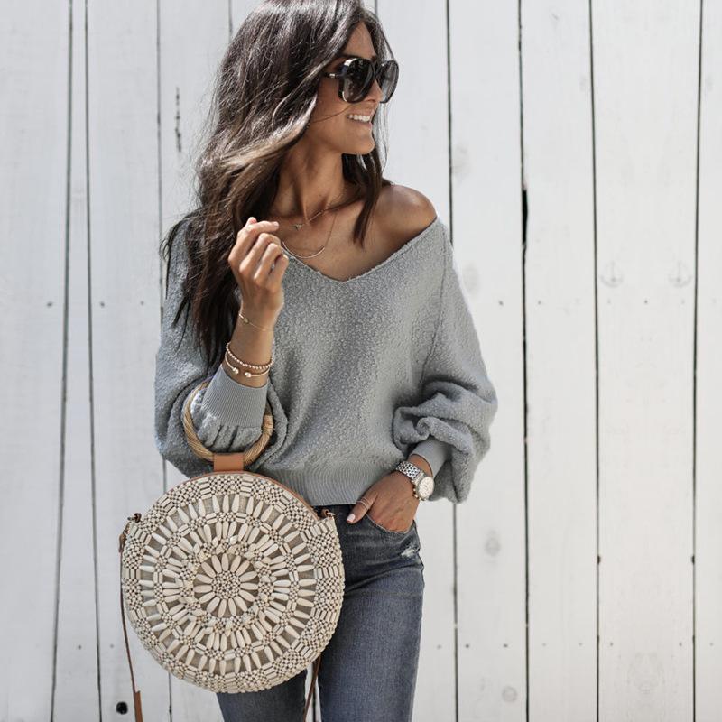 V NECK BISHOP SLEEVES LOOSE PULLOVER SWEATER