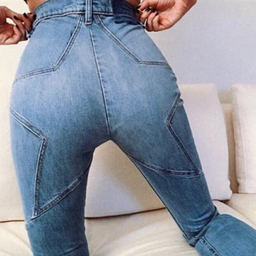STAR PATTERN PATCHWORK HIGH WAIST 9/10 JEANS DENIM PANTS