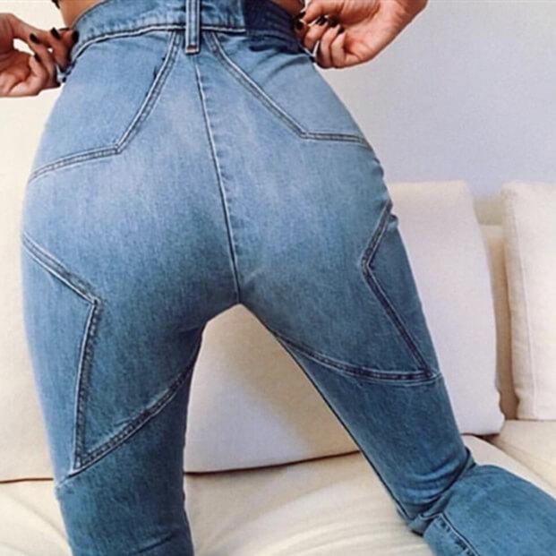 STAR PATTERN PATCHWORK HIGH WAIST 9/10 JEANS DENIM PANTS