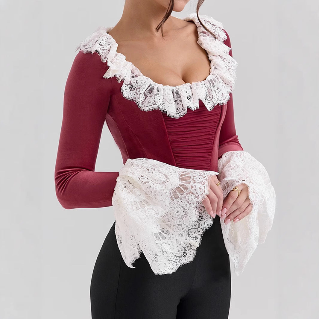 Christmas Velvet Lace Trim Flare Sleeve Square Neck Women's Top