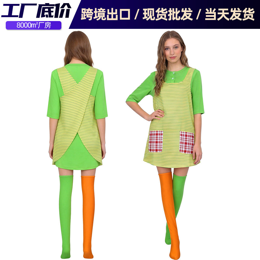 Pippi Longstocking Cosplay Costume Yellow Green Striped Dress