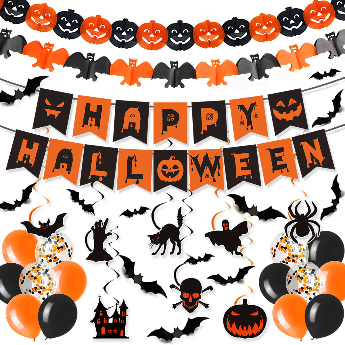 Halloween Party Decorations Black Orange Bats Flags Streamers Balloons Set